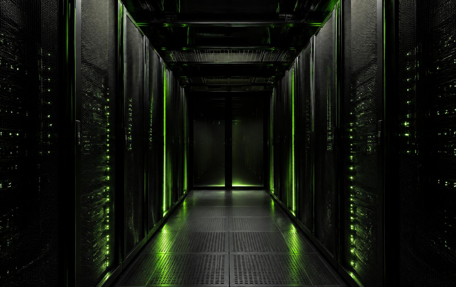 Dark data centre aisle with illuminated server racks