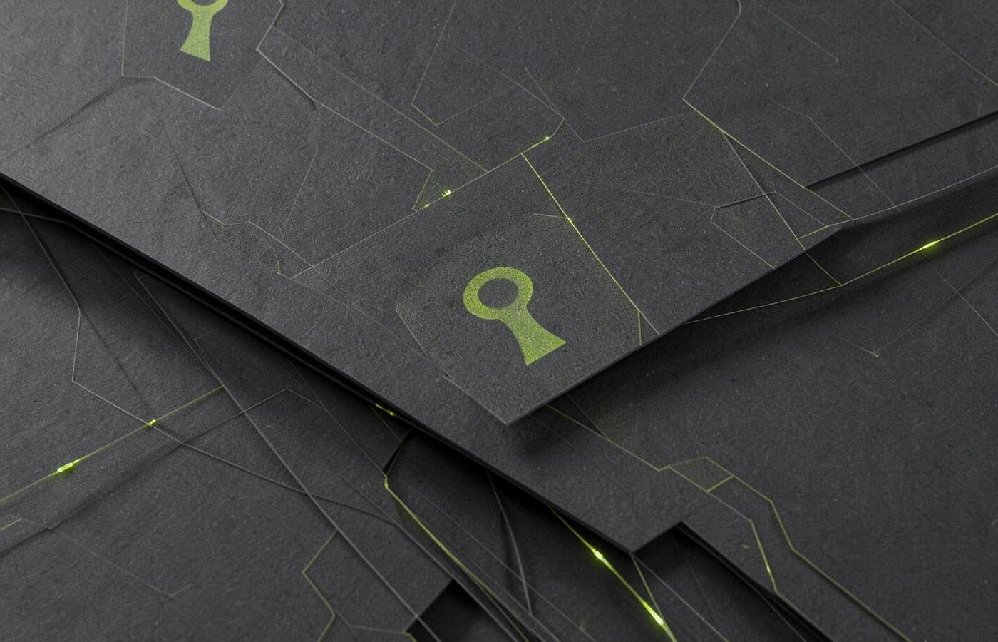 Abstract dark panels with fine circuit lines and a lime keyhole motif